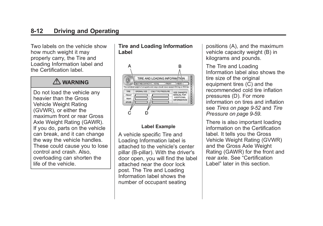 Cadillac 2010 owner manual Tire and Loading Information Label, Label Example 