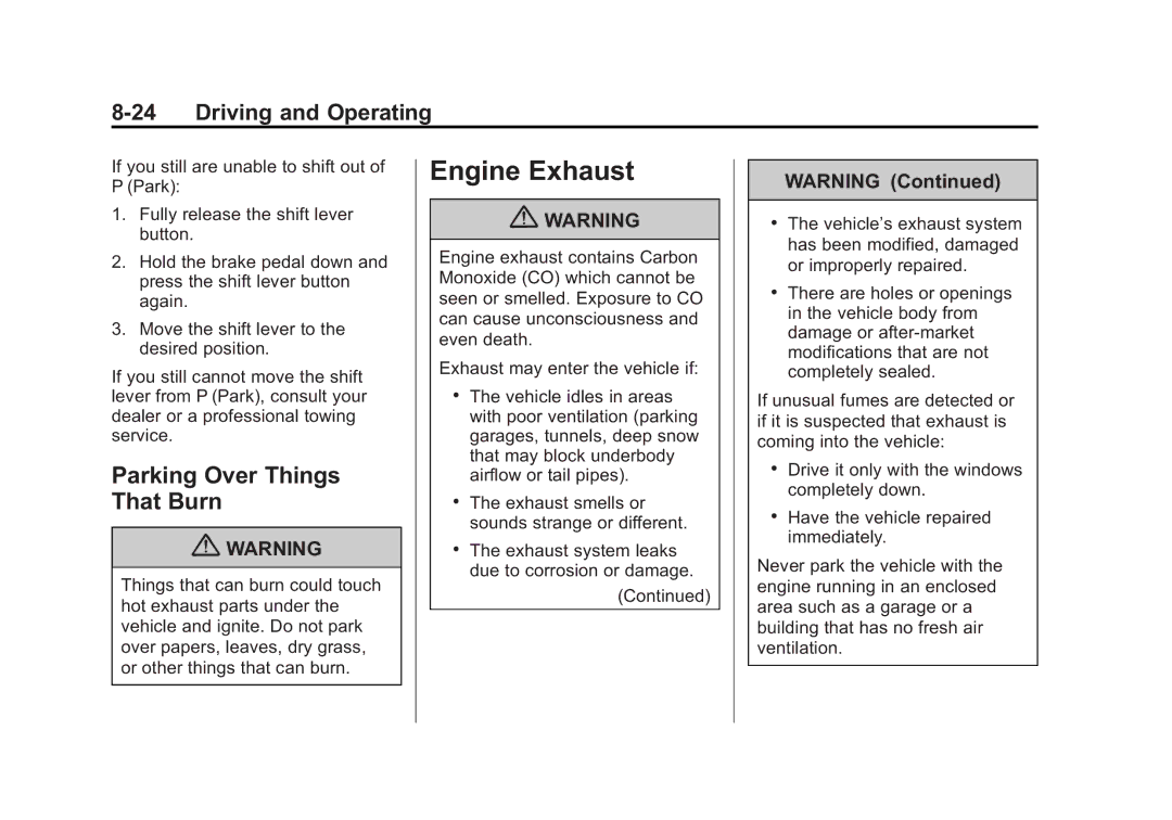 Cadillac 2010 owner manual Engine Exhaust, Parking Over Things That Burn 