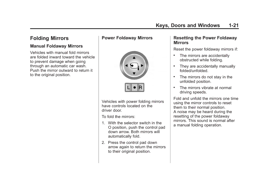 Cadillac 2010 owner manual Folding Mirrors, Manual Foldaway Mirrors, Resetting the Power Foldaway Mirrors 