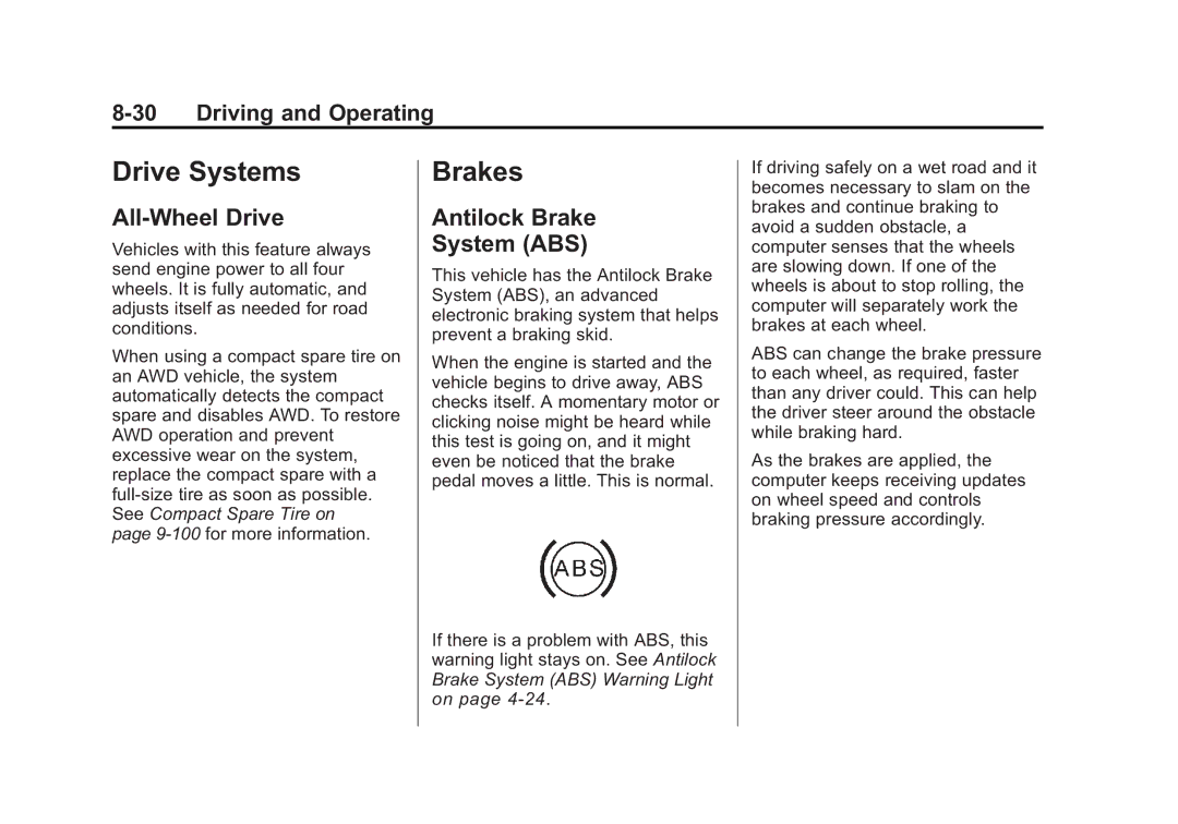 Cadillac 2010 owner manual Drive Systems, Brakes, All-Wheel Drive, Antilock Brake System ABS 