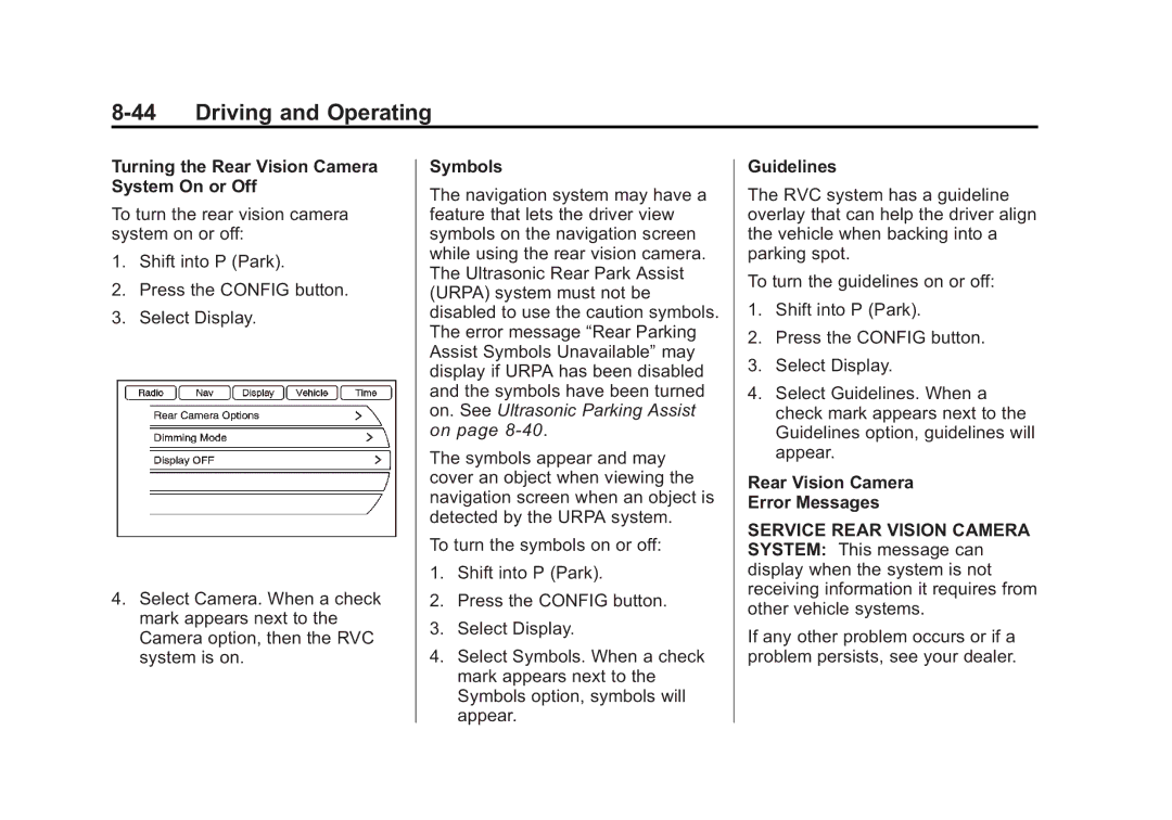 Cadillac 2010 owner manual Turning the Rear Vision Camera System On or Off, Symbols, Guidelines 