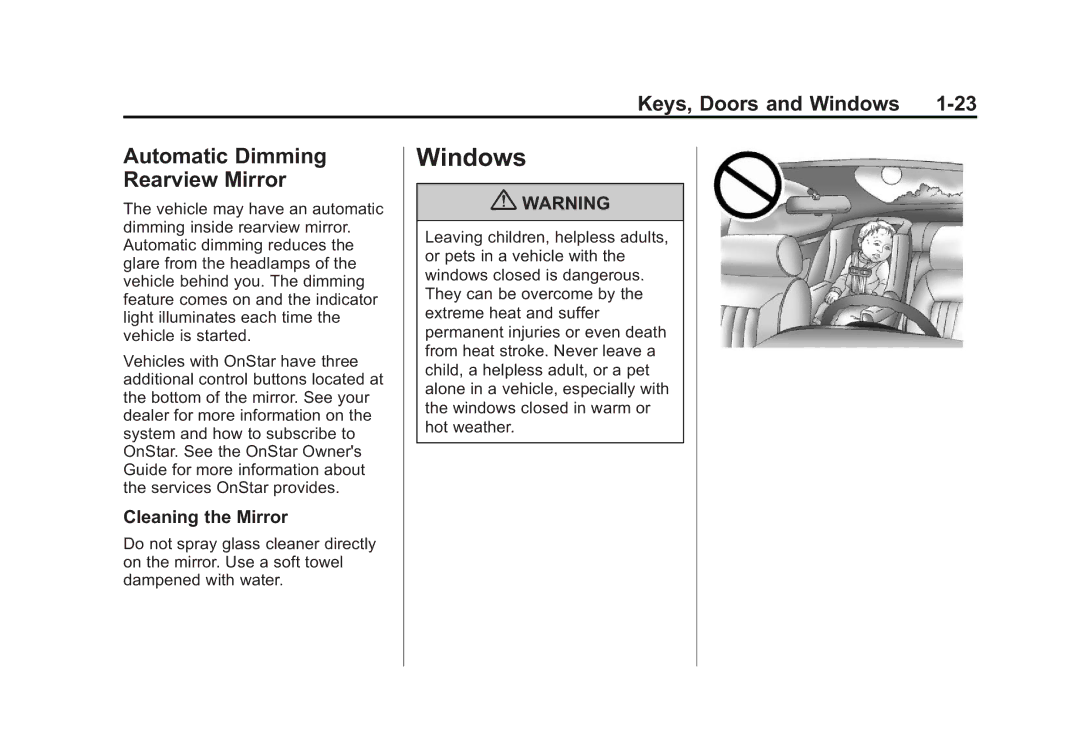 Cadillac 2010 owner manual Windows, Automatic Dimming Rearview Mirror, Cleaning the Mirror 