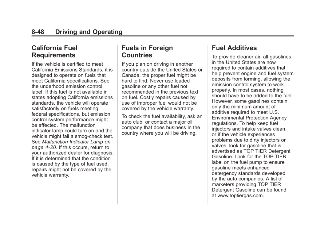 Cadillac 2010 owner manual California Fuel Requirements, Fuels in Foreign Countries, Fuel Additives 