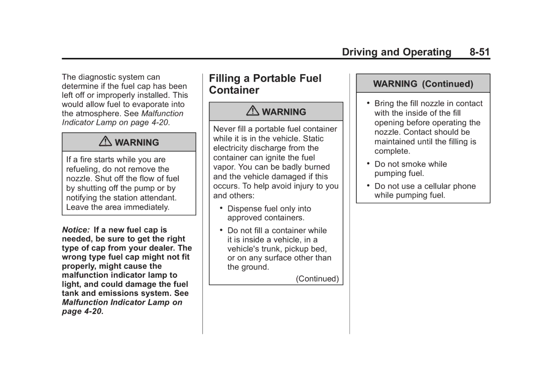 Cadillac 2010 owner manual Filling a Portable Fuel Container 