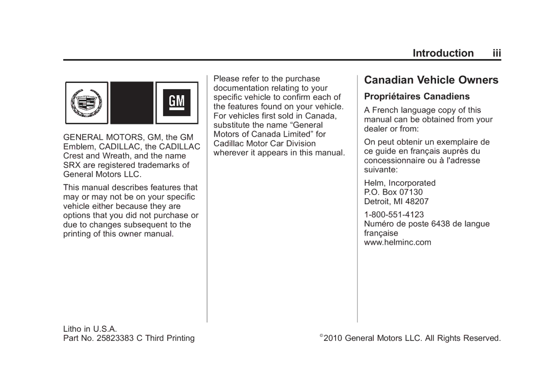 Cadillac 2010 owner manual Canadian Vehicle Owners, Propriétaires Canadiens 