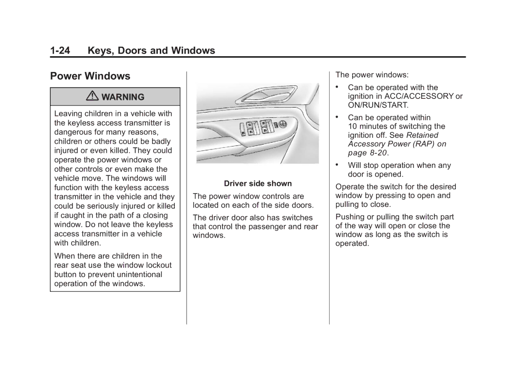 Cadillac 2010 owner manual Power Windows, Driver side shown 