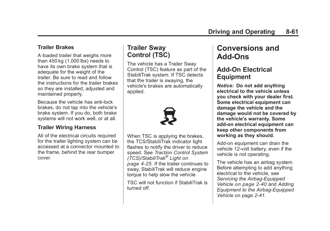 Cadillac 2010 owner manual Conversions and Add-Ons, Trailer Sway Control TSC, Add-On Electrical Equipment, Trailer Brakes 