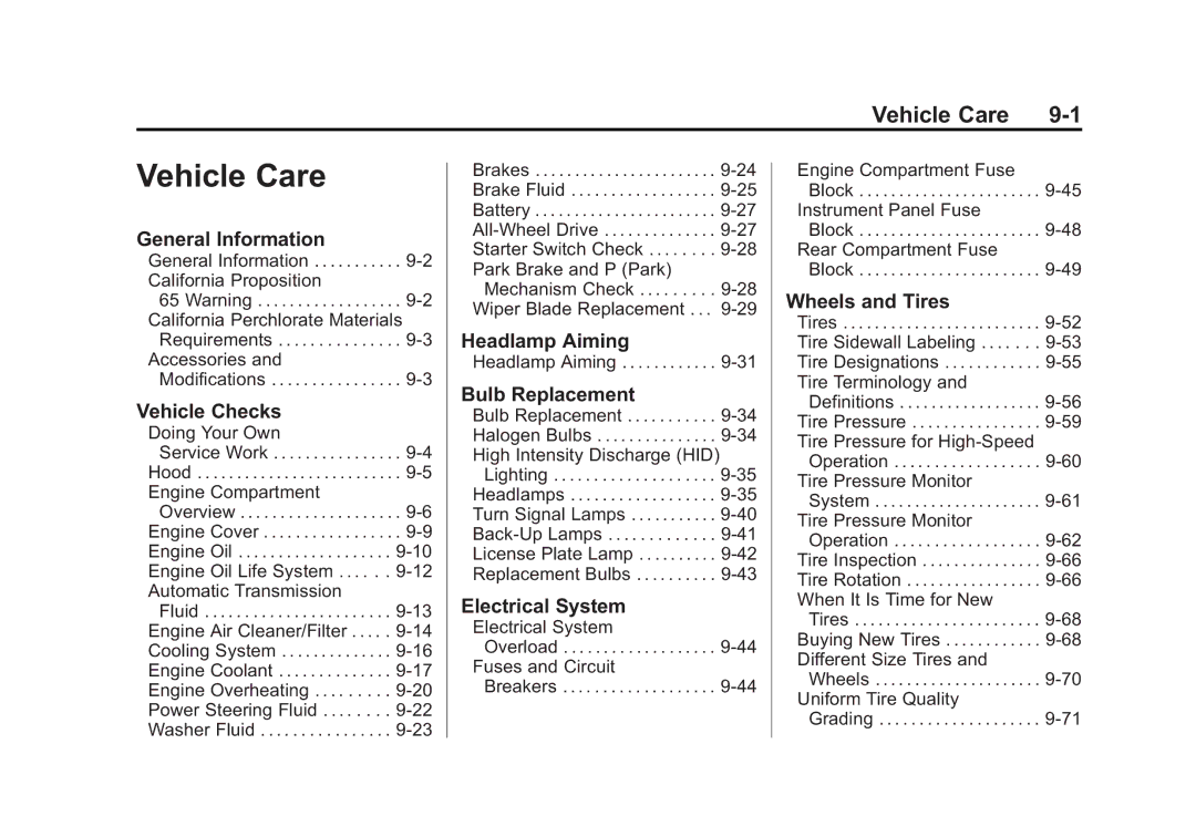 Cadillac 2010 General Information, Vehicle Checks, Headlamp Aiming, Bulb Replacement, Electrical System, Wheels and Tires 