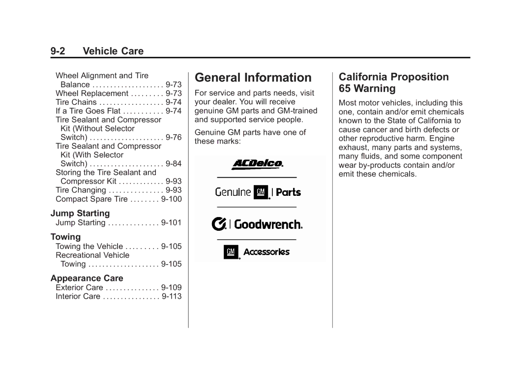 Cadillac 2010 owner manual General Information, California Proposition 65 Warning, Jump Starting, Appearance Care 