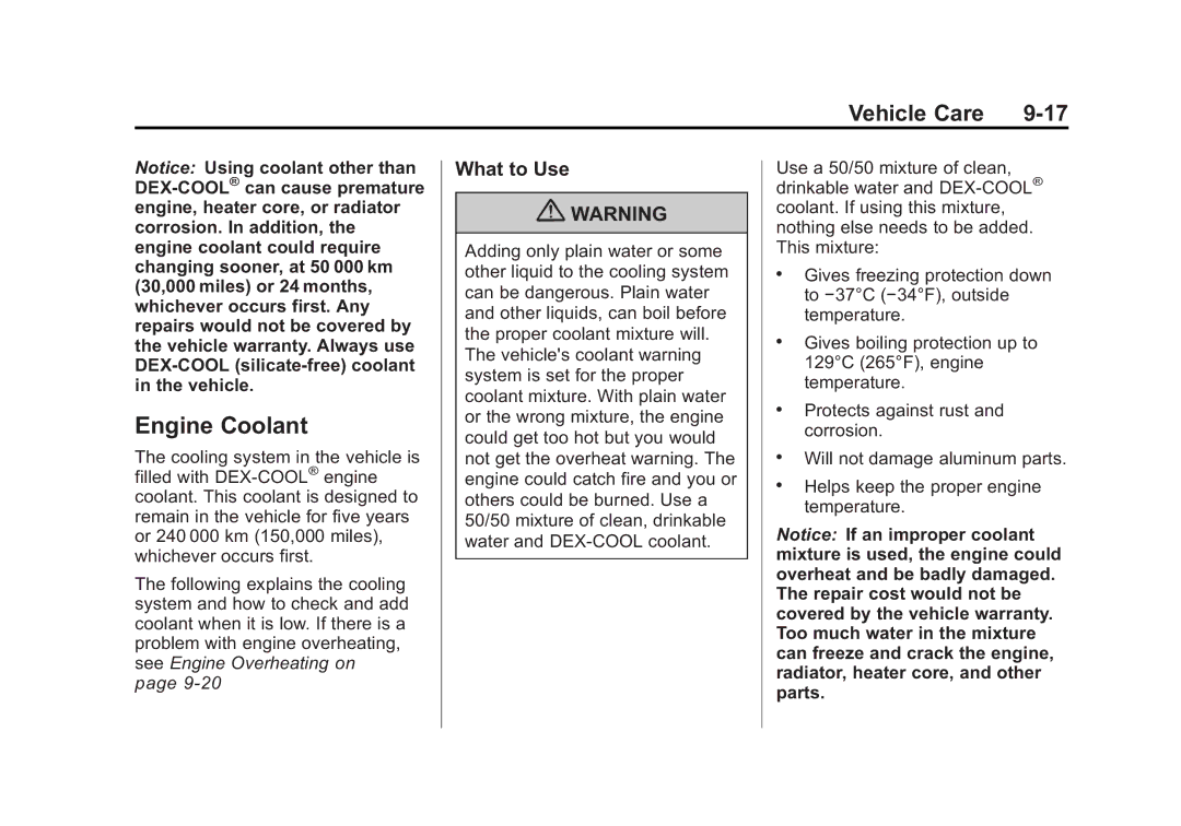 Cadillac 2010 owner manual Engine Coolant, What to Use 