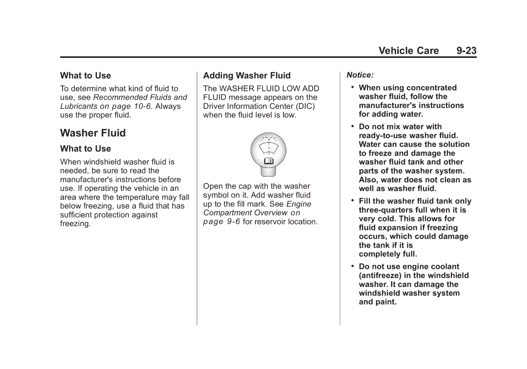 Cadillac 2010 owner manual Adding Washer Fluid 