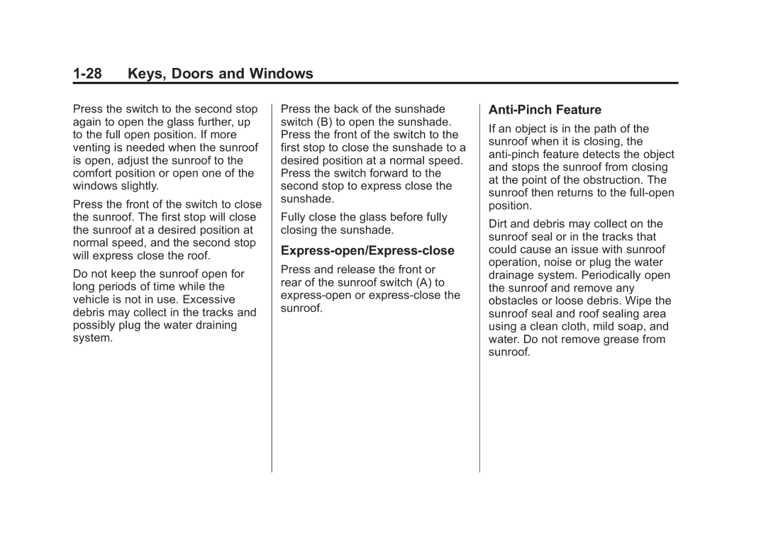 Cadillac 2010 owner manual Express-open/Express-close, Anti-Pinch Feature 