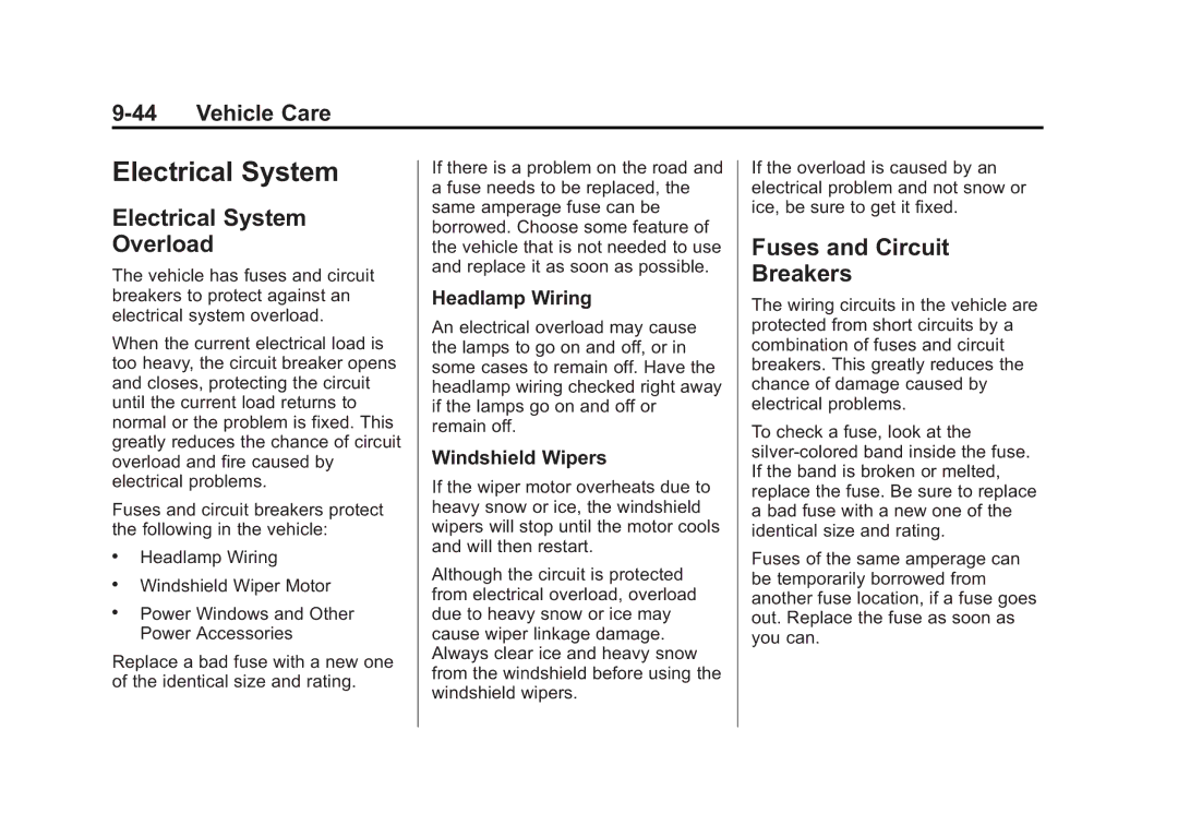 Cadillac 2010 owner manual Electrical System Overload, Fuses and Circuit Breakers, Headlamp Wiring, Windshield Wipers 