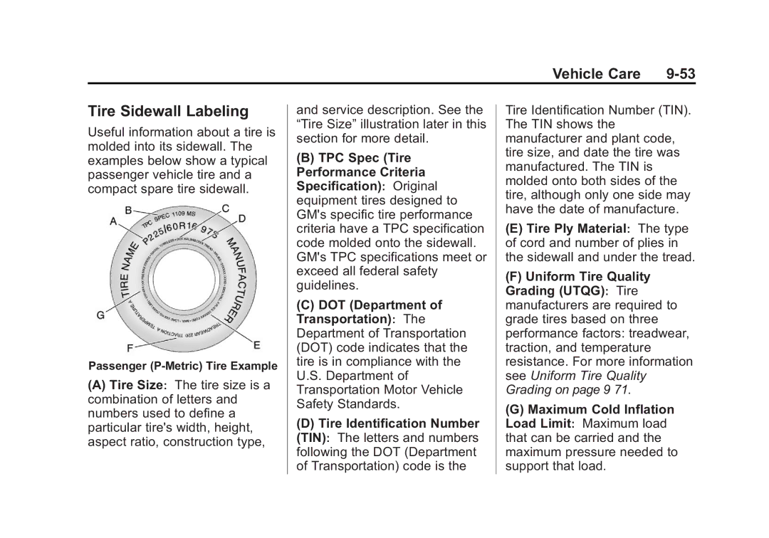 Cadillac 2010 owner manual Tire Sidewall Labeling, Passenger P‐Metric Tire Example 