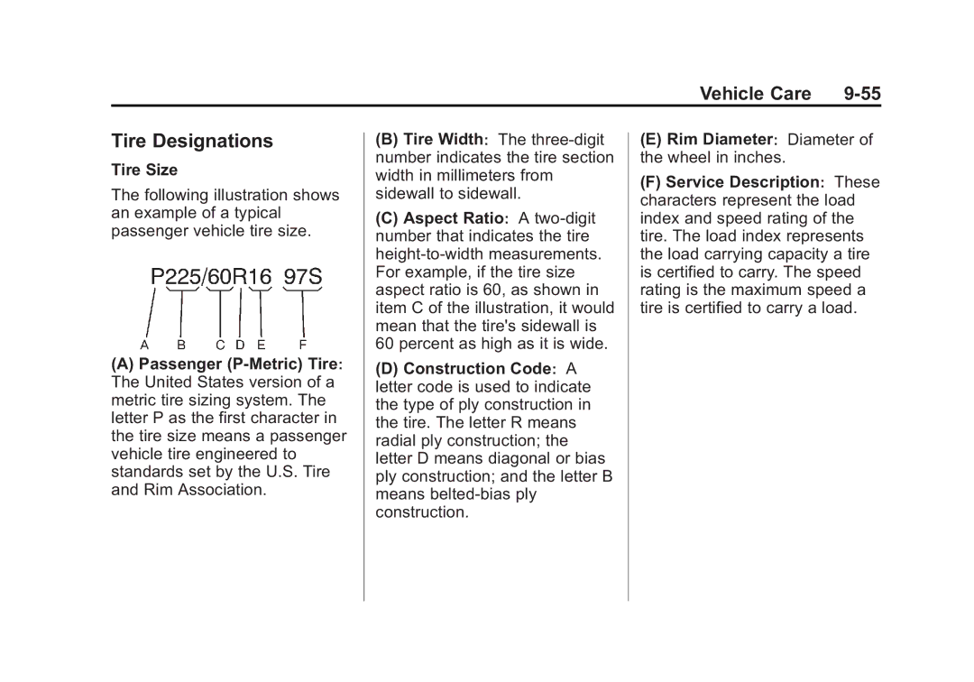 Cadillac 2010 owner manual Tire Designations, Tire Size, Passenger P‐Metric Tire 