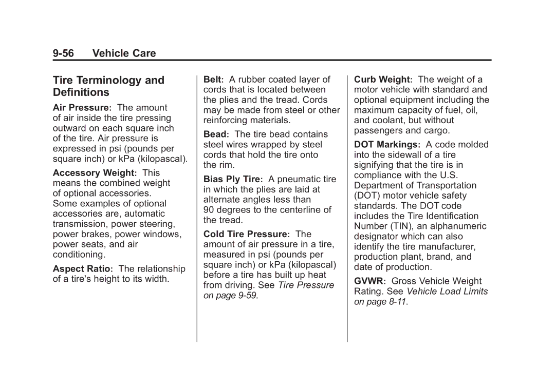 Cadillac 2010 owner manual Tire Terminology and Definitions 