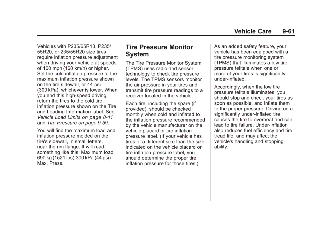 Cadillac 2010 owner manual Tire Pressure Monitor System 