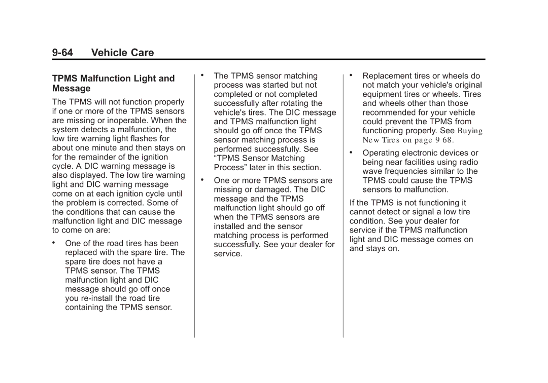 Cadillac 2010 owner manual Tpms Malfunction Light and Message 