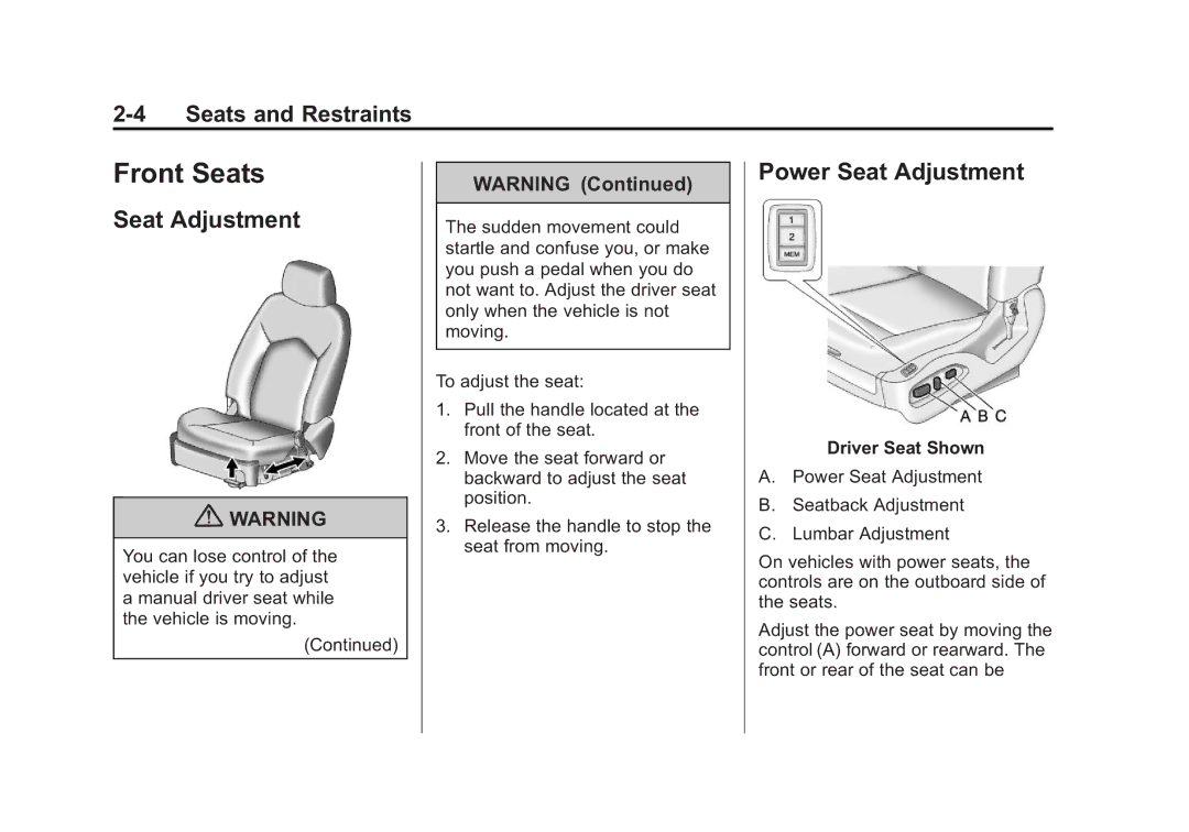 Cadillac 2010 owner manual Front Seats, Power Seat Adjustment, Driver Seat Shown 