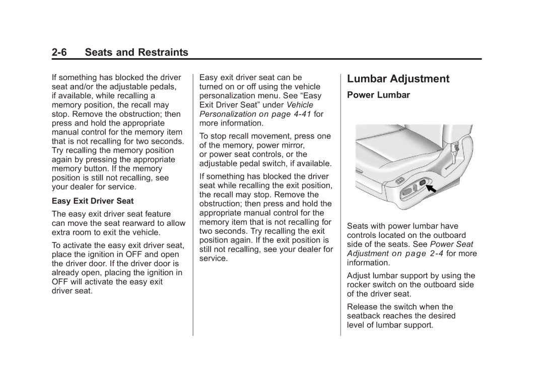 Cadillac 2010 owner manual Lumbar Adjustment, Power Lumbar, Easy Exit Driver Seat 