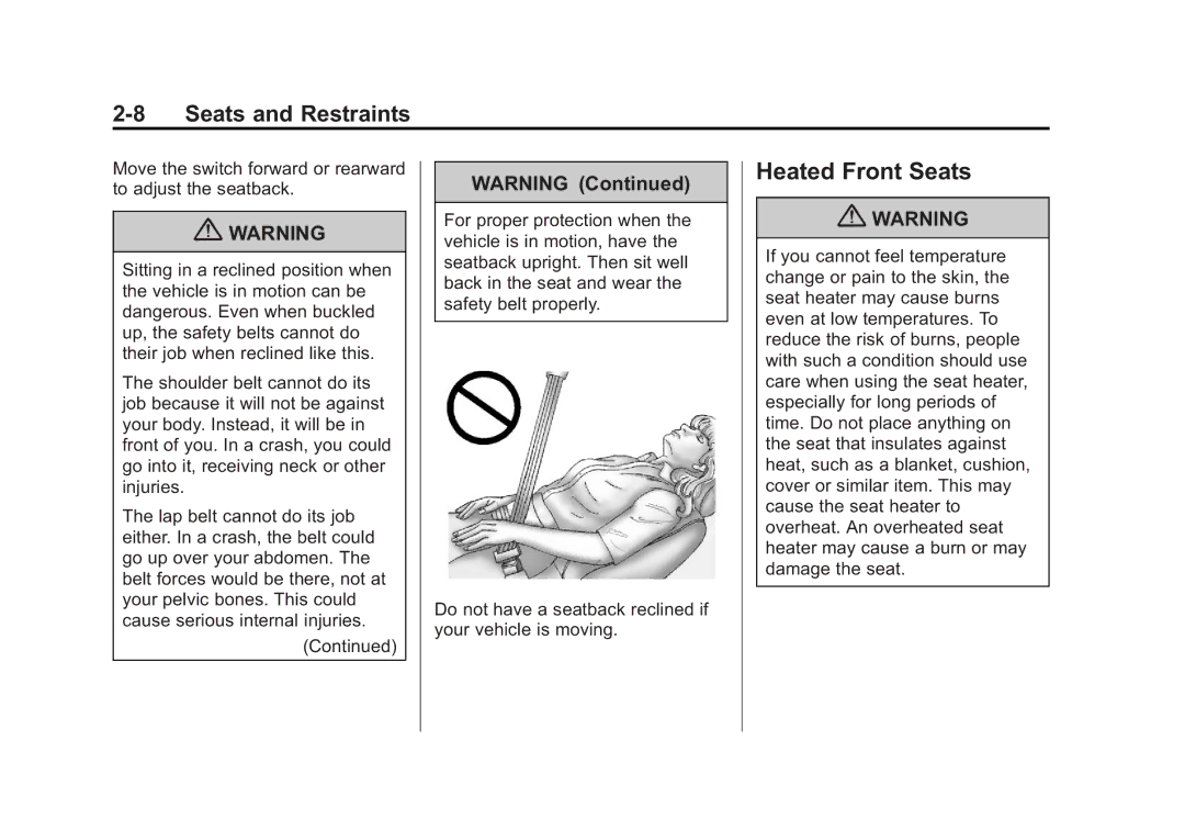 Cadillac 2010 owner manual Heated Front Seats, Move the switch forward or rearward to adjust the seatback 