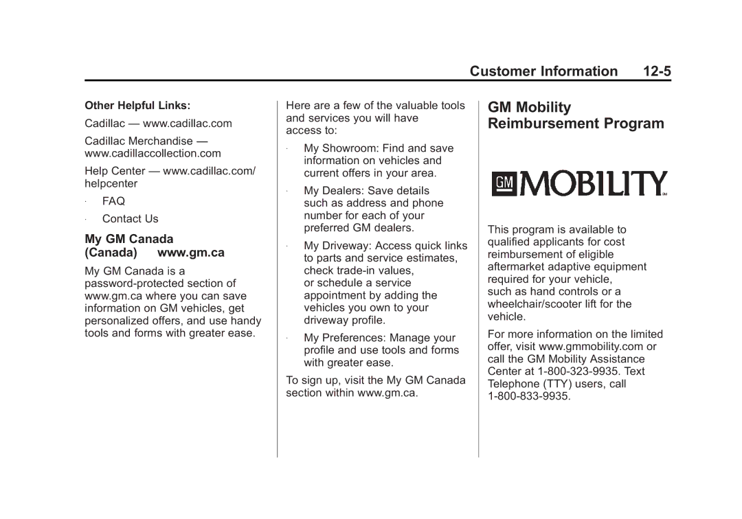 Cadillac 2010 owner manual GM Mobility Reimbursement Program, Other Helpful Links 