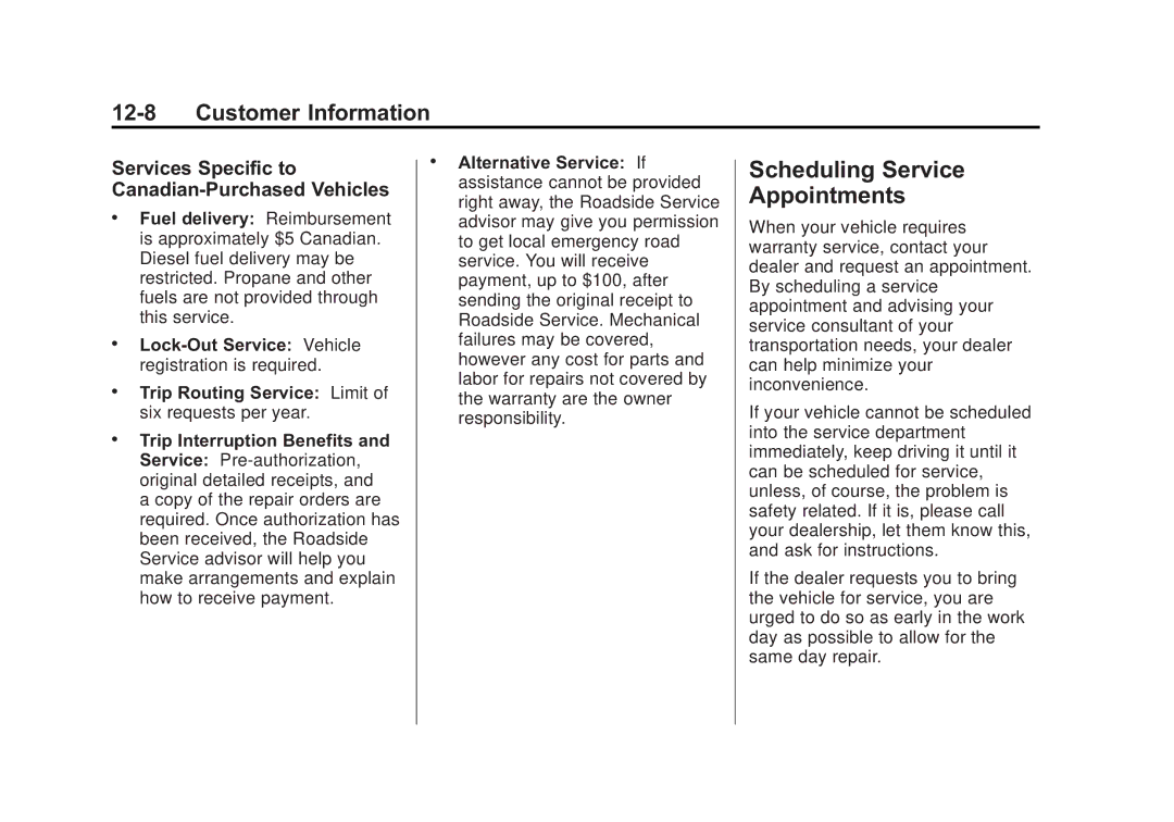 Cadillac 2010 owner manual Scheduling Service Appointments, Services Specific to, Canadian‐Purchased Vehicles 