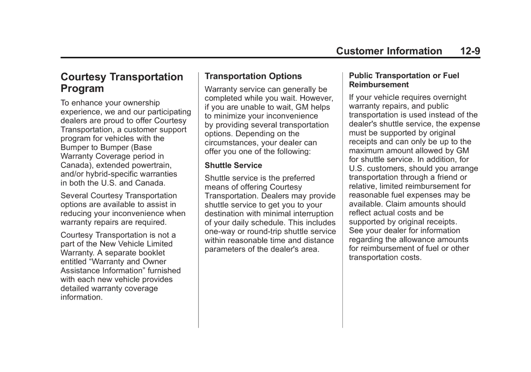 Cadillac 2010 owner manual Courtesy Transportation Program, Transportation Options, Shuttle Service 