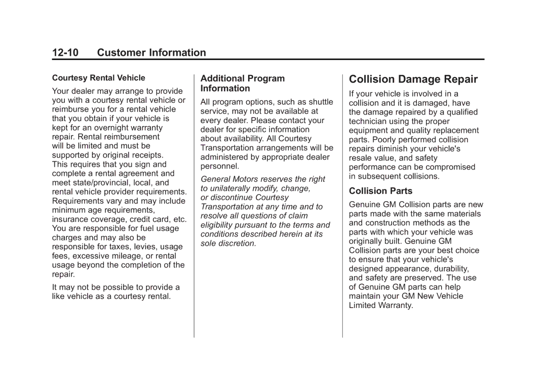 Cadillac 2010 Collision Damage Repair, Additional Program Information, Collision Parts, Courtesy Rental Vehicle 