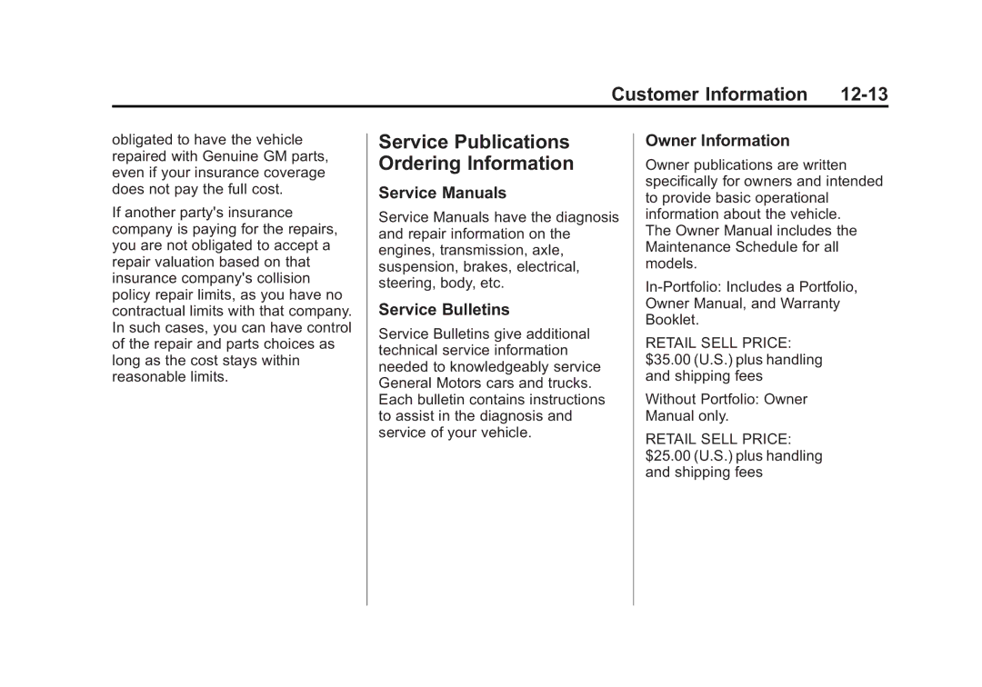 Cadillac 2010 owner manual Service Publications Ordering Information, Service Bulletins, Owner Information 