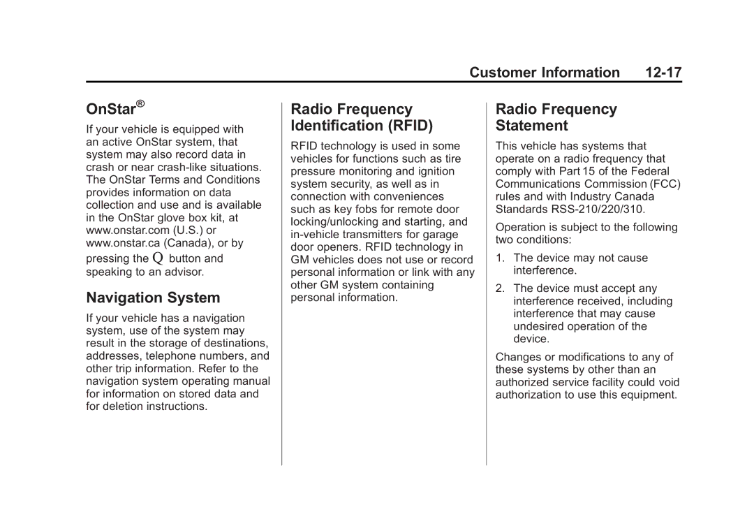 Cadillac 2010 owner manual OnStar, Navigation System, Radio Frequency Identification Rfid, Radio Frequency Statement 