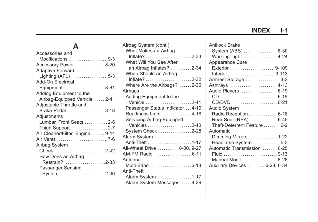 Cadillac 2010 owner manual Index 