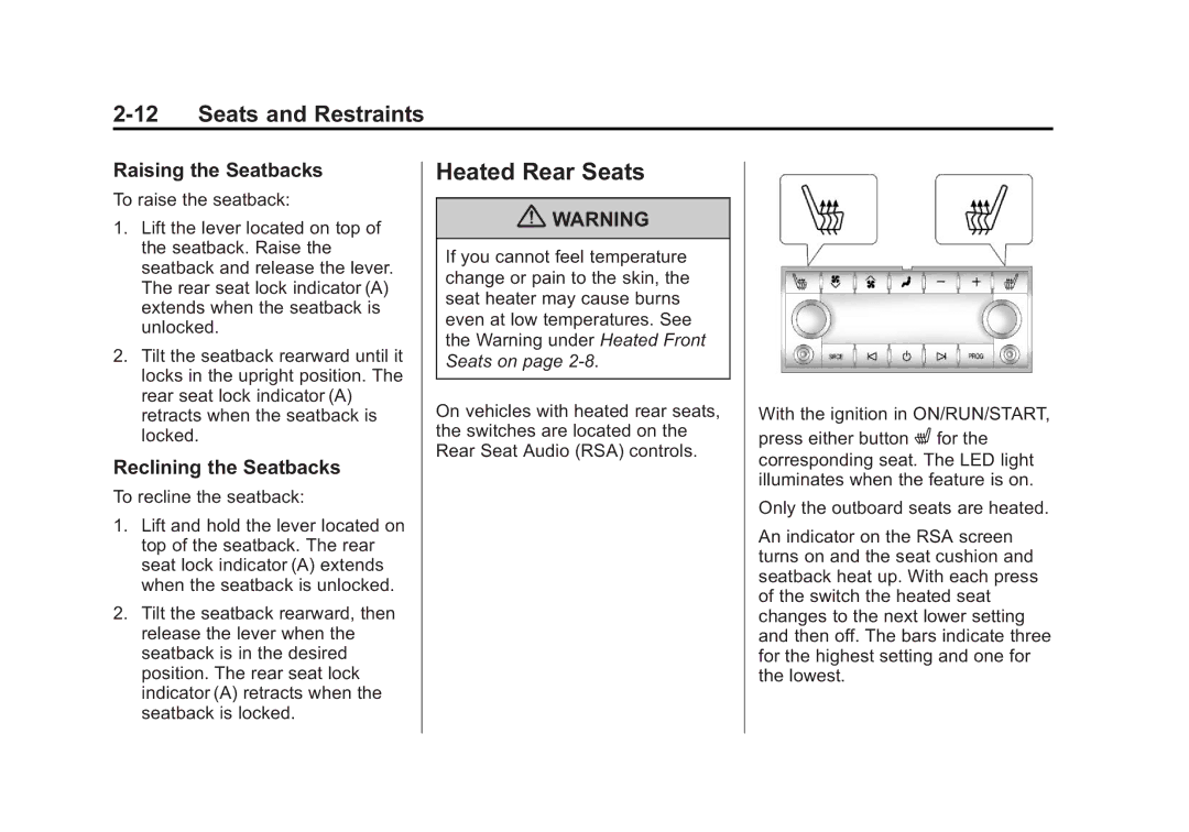 Cadillac 2010 owner manual Heated Rear Seats, Raising the Seatbacks, Reclining the Seatbacks 