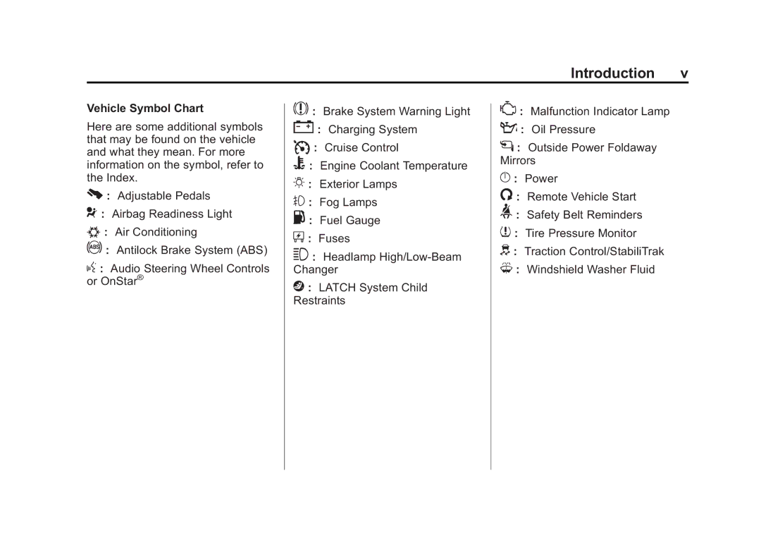 Cadillac 2010 owner manual Vehicle Symbol Chart 