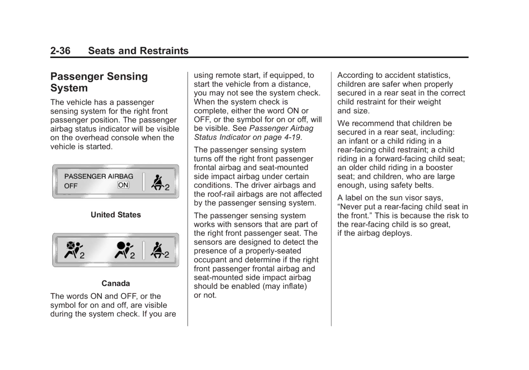 Cadillac 2010 owner manual Passenger Sensing System, United States Canada 