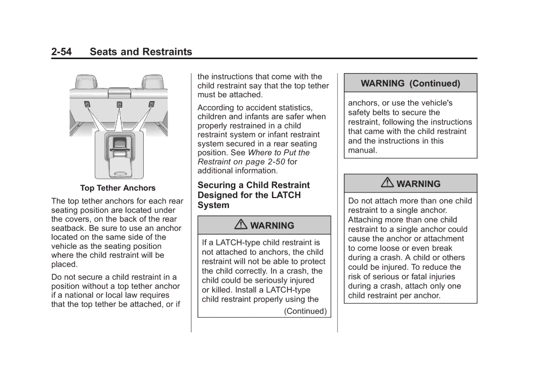 Cadillac 2010 owner manual Securing a Child Restraint Designed for the Latch System, Top Tether Anchors 