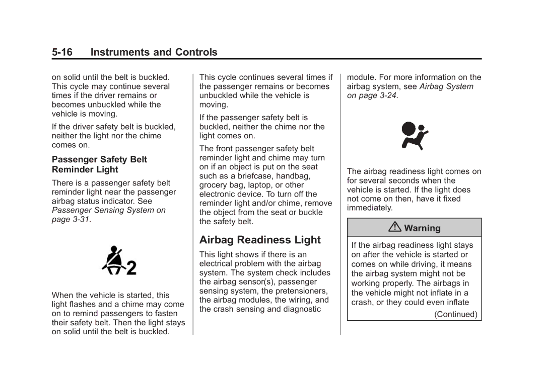 Cadillac 2015 - CRC manual Airbag Readiness Light, Passenger Safety Belt Reminder Light 