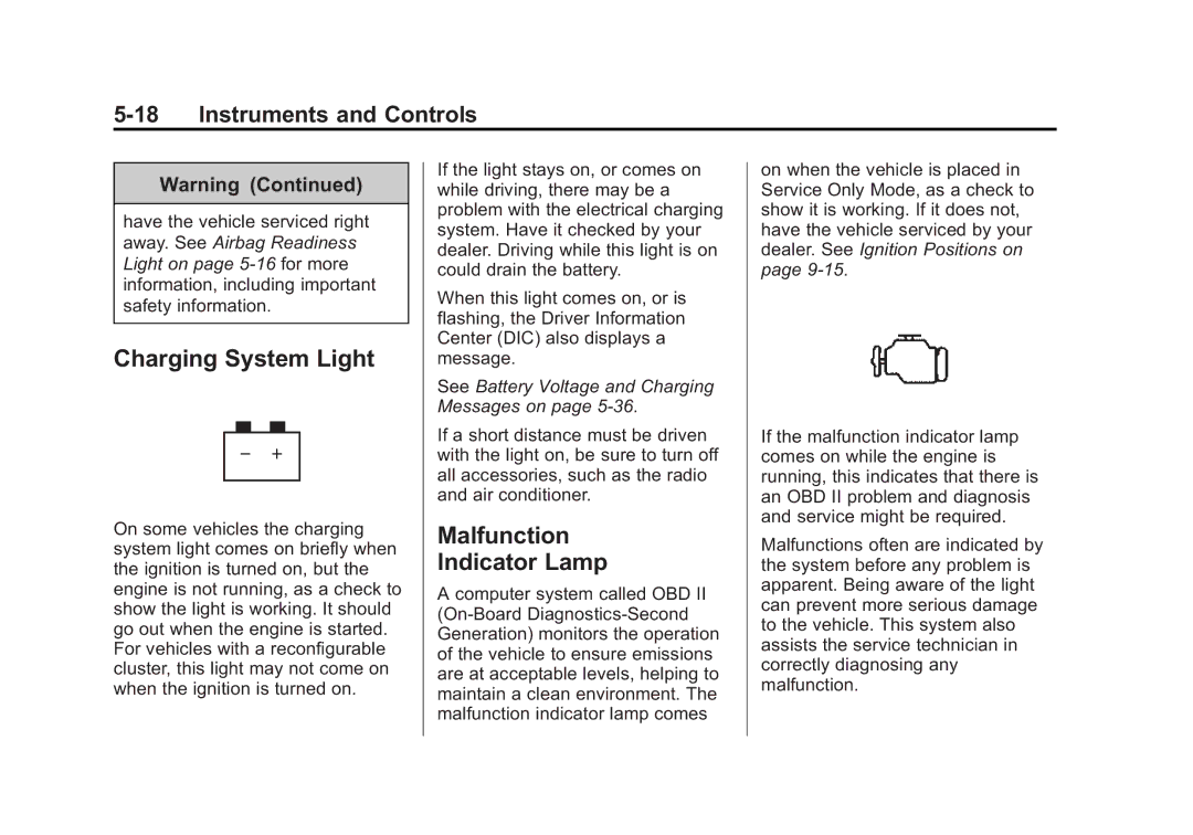 Cadillac 2015 - CRC manual Charging System Light, Malfunction Indicator Lamp 