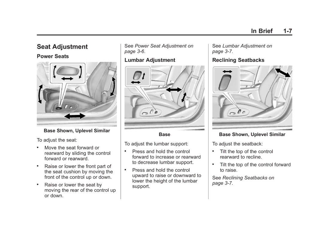 Cadillac 2015 - CRC manual Seat Adjustment, Power Seats, Lumbar Adjustment, Reclining Seatbacks 