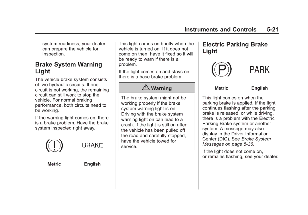 Cadillac 2015 - CRC manual Brake System Warning Light, Electric Parking Brake Light, Metric English 