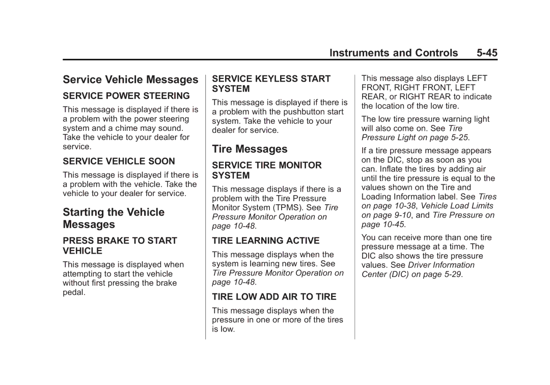 Cadillac 2015 - CRC manual Service Vehicle Messages, Starting the Vehicle Messages, Tire Messages 