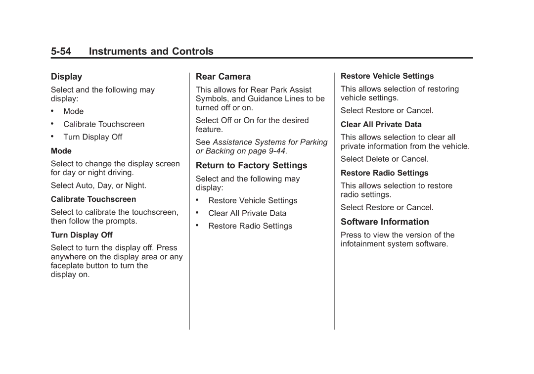 Cadillac 2015 - CRC manual Display, Rear Camera, Return to Factory Settings, Software Information 