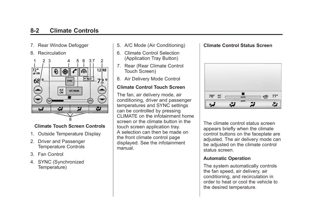 Cadillac 2015 - CRC manual Climate Control Touch Screen, Climate Control Status Screen, Automatic Operation 