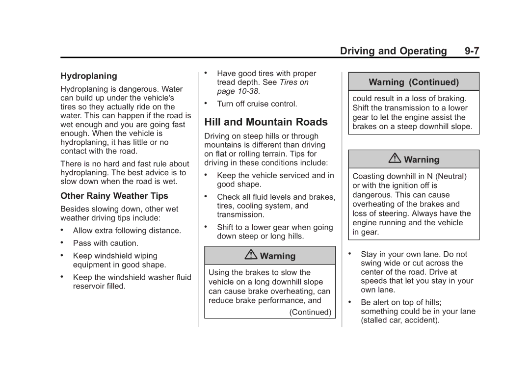 Cadillac 2015 - CRC manual Hill and Mountain Roads, Hydroplaning, Other Rainy Weather Tips 