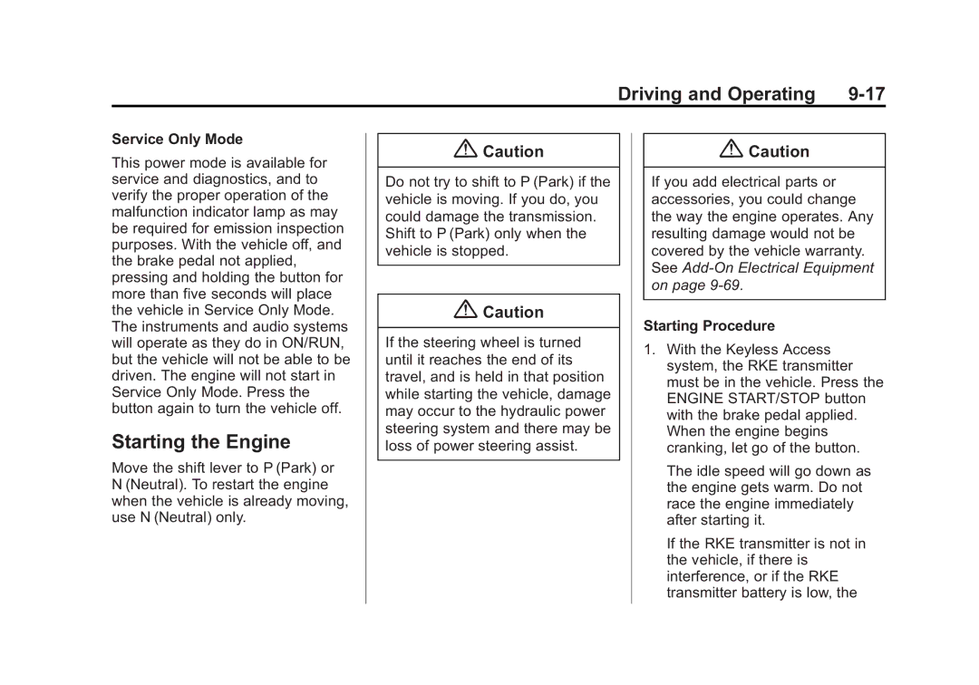 Cadillac 2015 - CRC manual Starting the Engine, Service Only Mode, Starting Procedure 