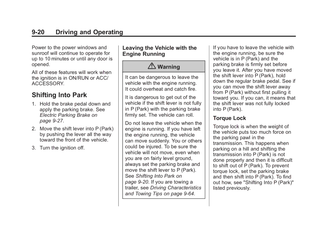 Cadillac 2015 - CRC manual Shifting Into Park, Leaving the Vehicle with the Engine Running, Torque Lock 