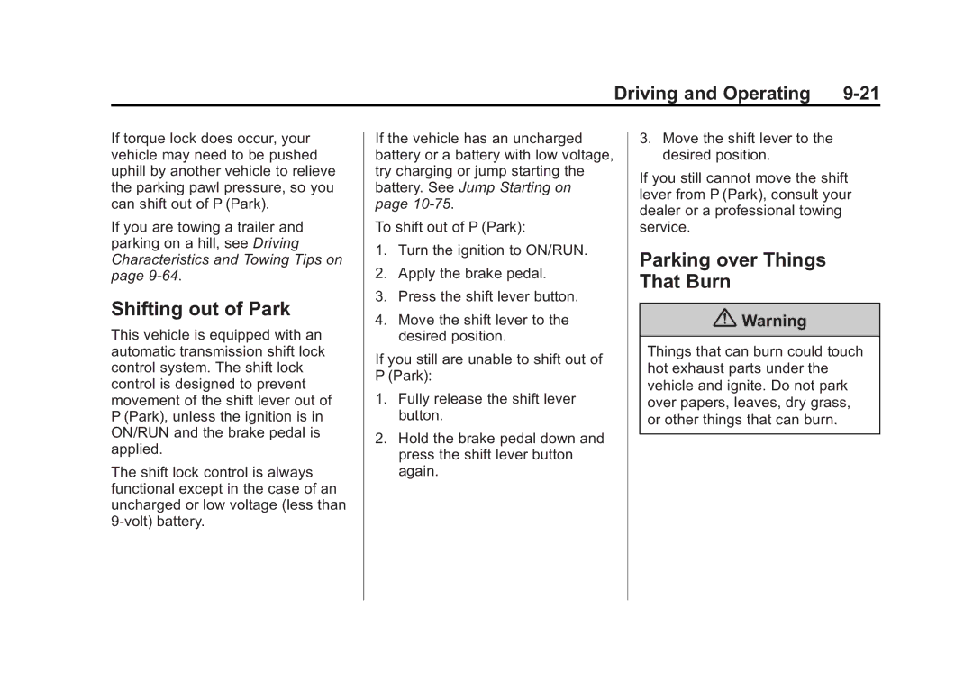 Cadillac 2015 - CRC manual Shifting out of Park, Parking over Things That Burn 