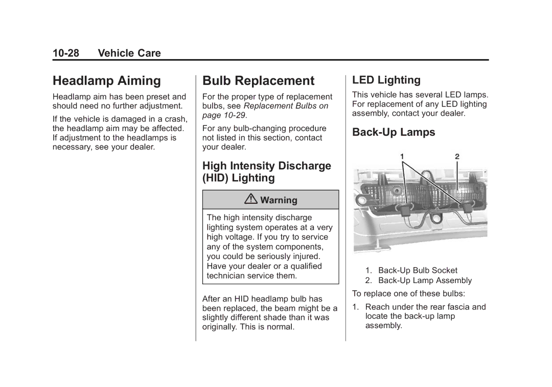 Cadillac 2015 - CRC Headlamp Aiming, Bulb Replacement, High Intensity Discharge HID Lighting, LED Lighting, Back-Up Lamps 