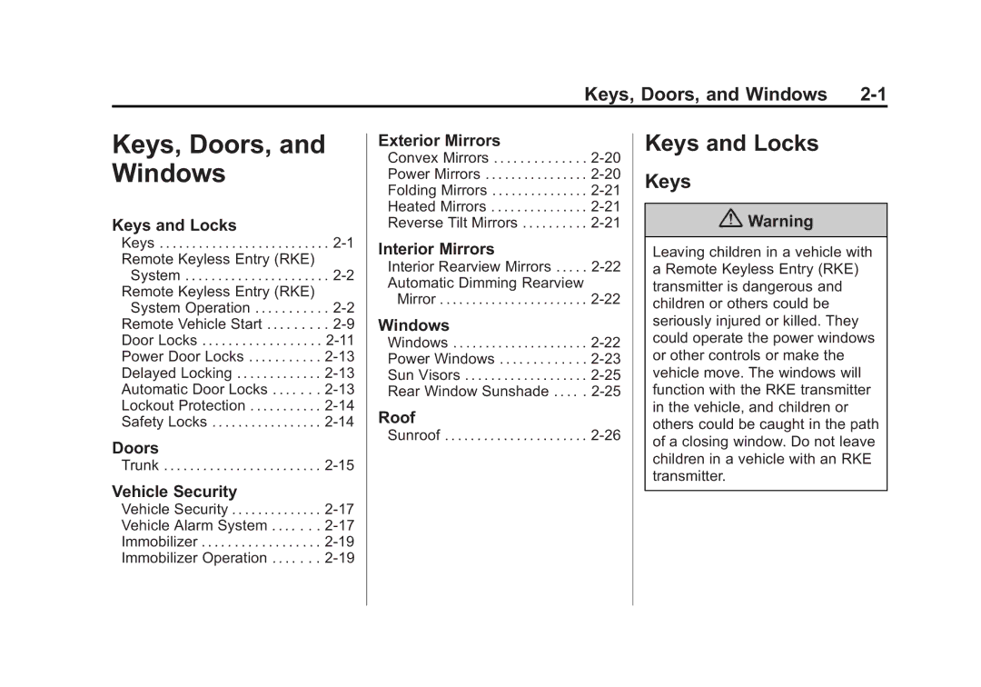 Cadillac 2015 - CRC manual Keys and Locks, Keys, Doors, and Windows 