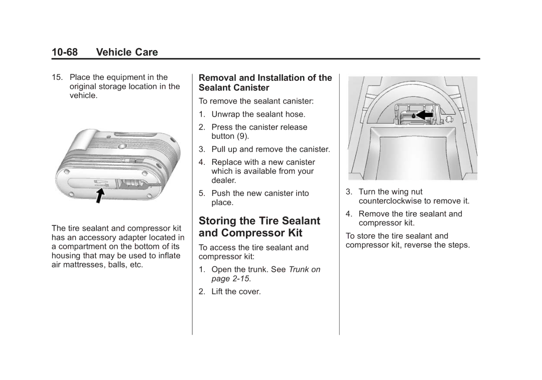 Cadillac 2015 - CRC manual Storing the Tire Sealant and Compressor Kit, Removal and Installation of the Sealant Canister 